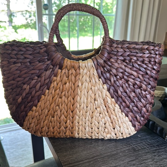 Atmosphere Handbags - Atmosphere Brown and Tan Woven Tote Bag with Woven Handles